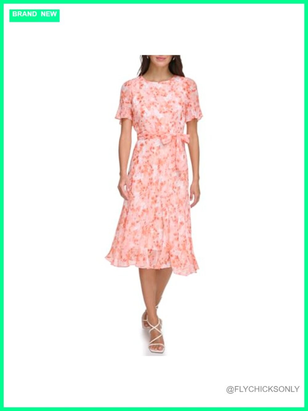 Flutter Sleeve V-Neck Waist Tie Midi Dress 3/4 Sleeve A-Line